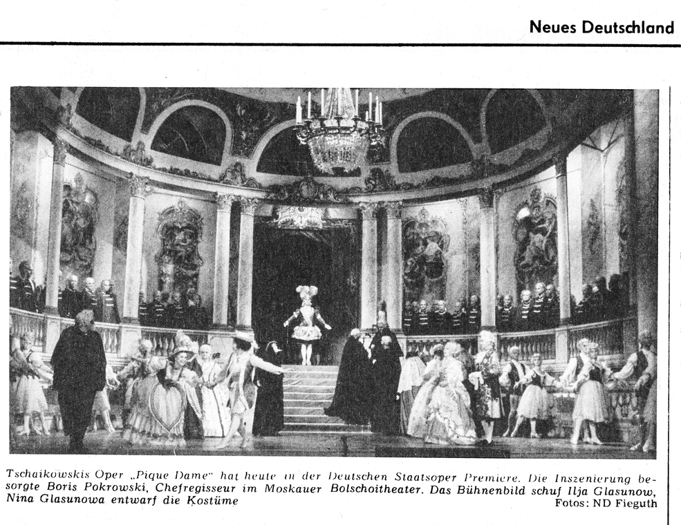 Публикация в ежедневной немецкой газете Neues Deutschland о премьере оперы П.И.Чайковского «Пиковая дама»